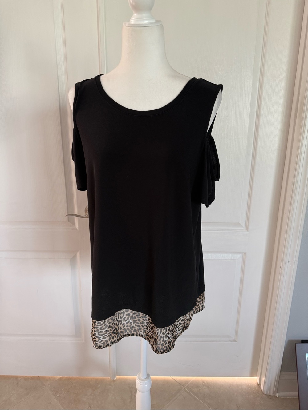INC International Concepts Black Cold-Shoulder Top with Leopard Trim